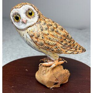 Antique Barn Owl Sculpture Handcrafted Wooden Base Realistic Feather Detail
